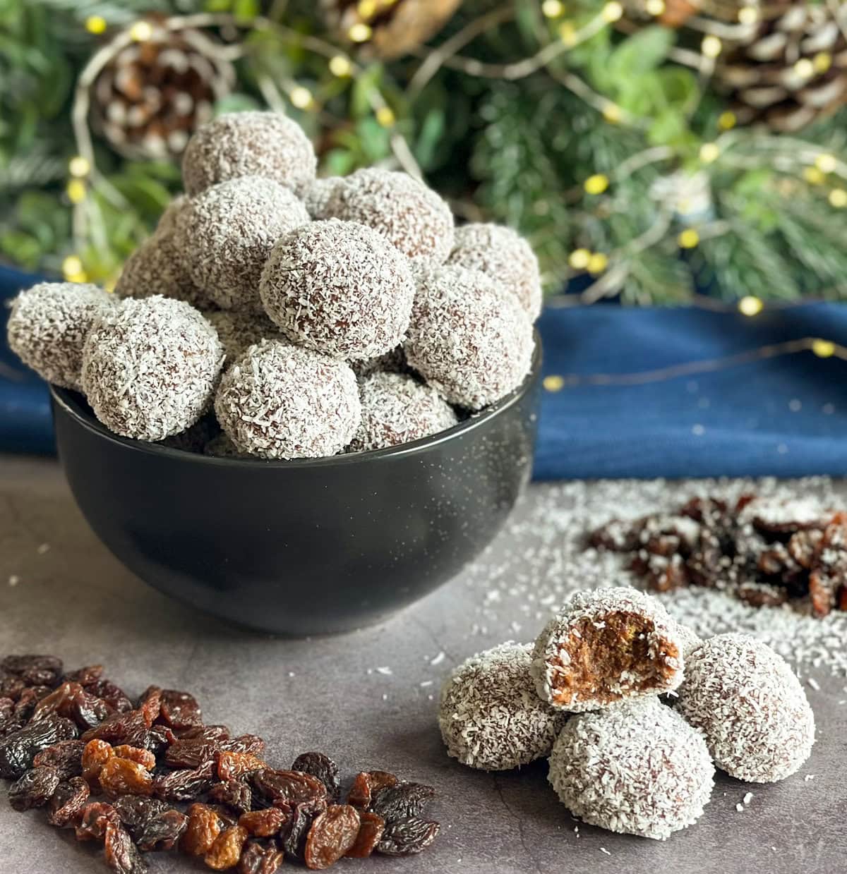 Rum and Raisin Balls in a black bowl