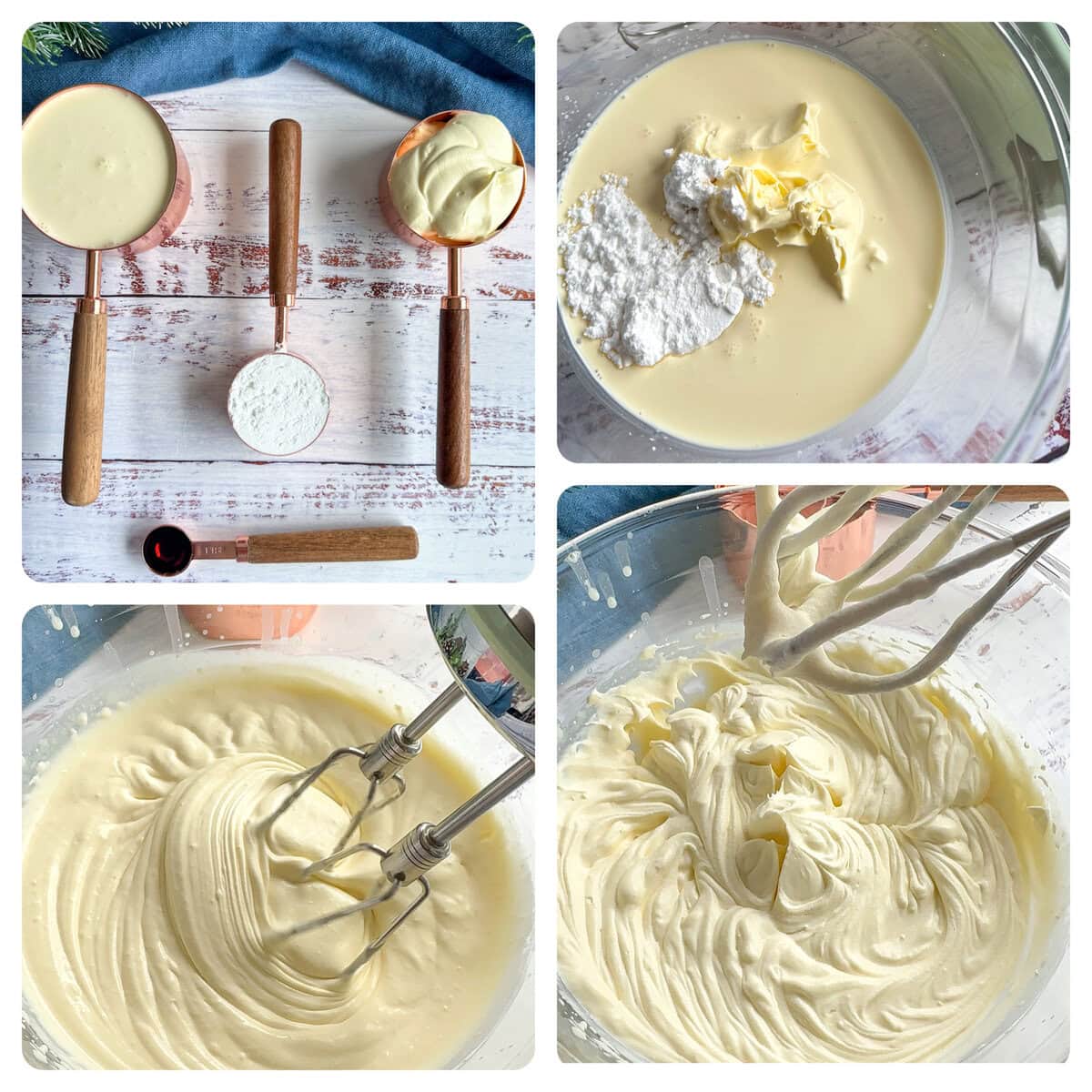 Photos showing how to make stabilized whipped cream with mascarpone.