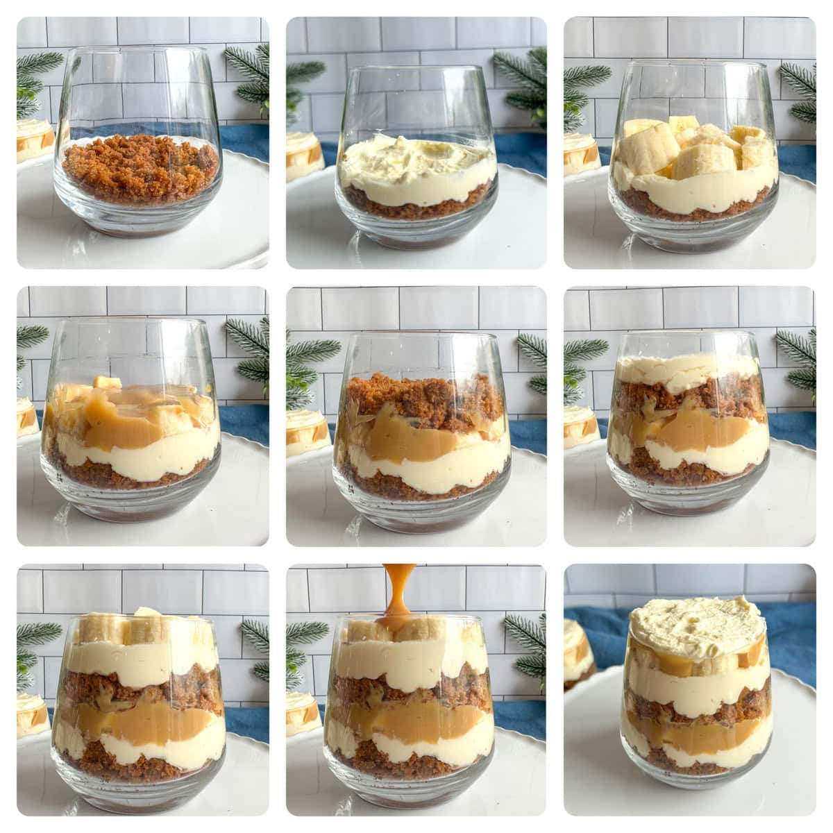 step by step process photos of layering a banoffee trifle