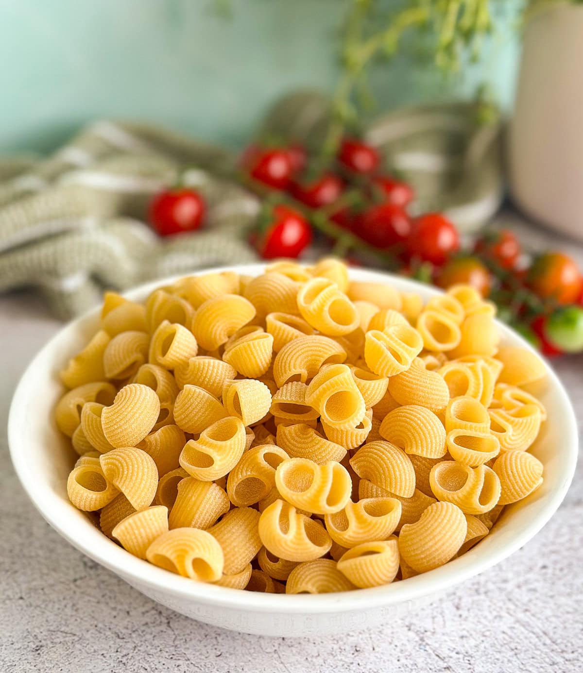 I used shell pasta (conchiglie) with my baked feta - this is a bowl of dried pasta before baking