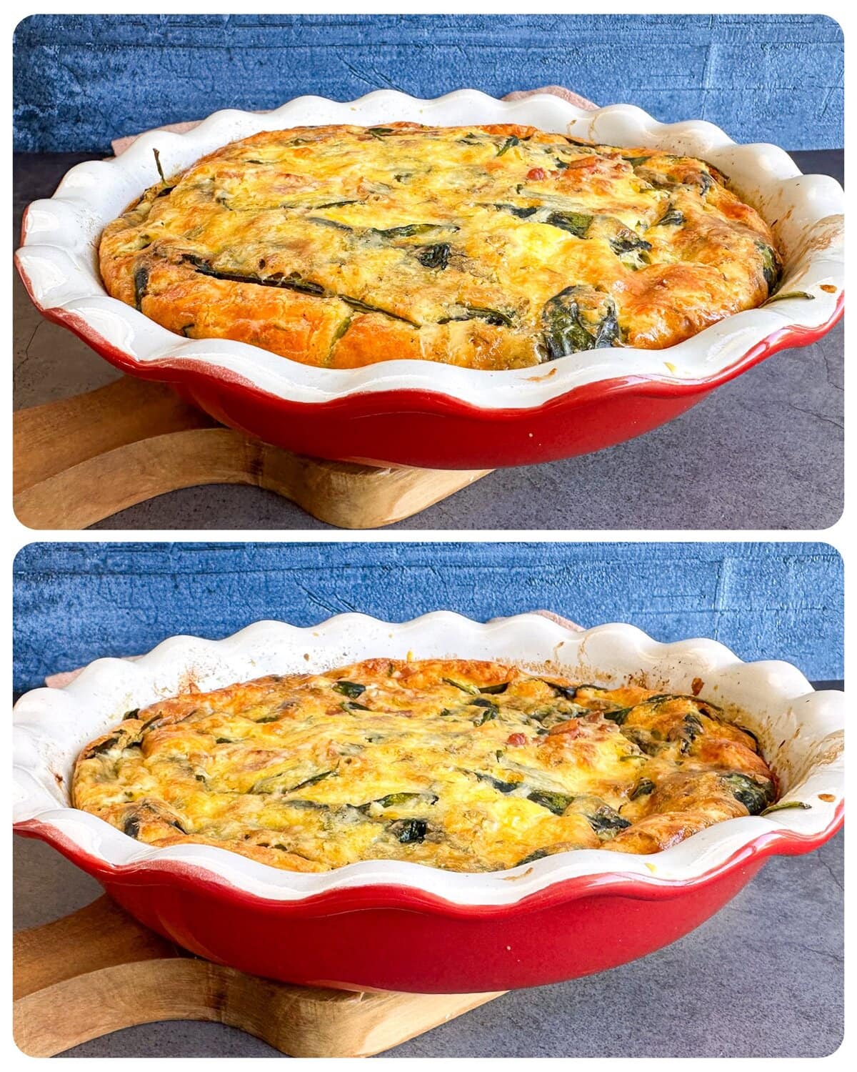 A quiche fresh from the oven then deflated slightly as it cools. 