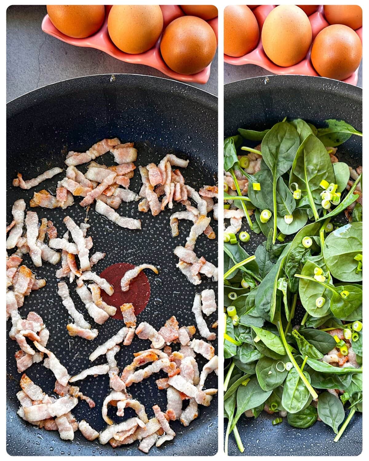 Bacon fried in a pan with spinach and spring onions. 