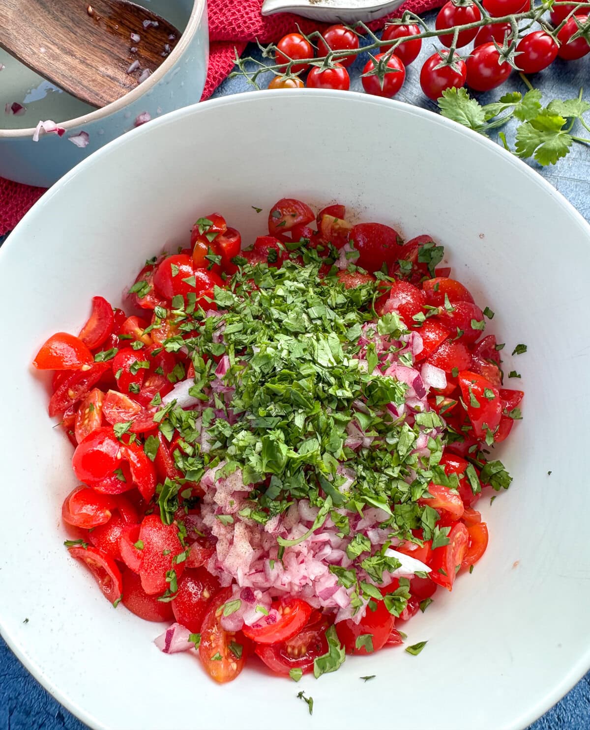 Adding the tomatoes, onion, garlic and coriander together to make a basic chunky salsa