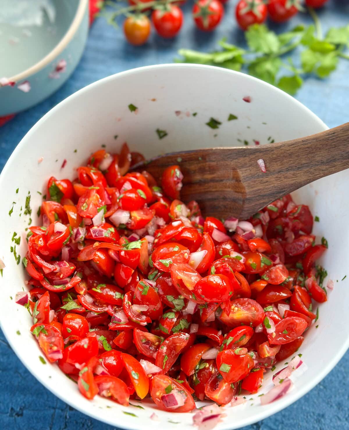 Freshly stirred chunky cherry tomato salsa