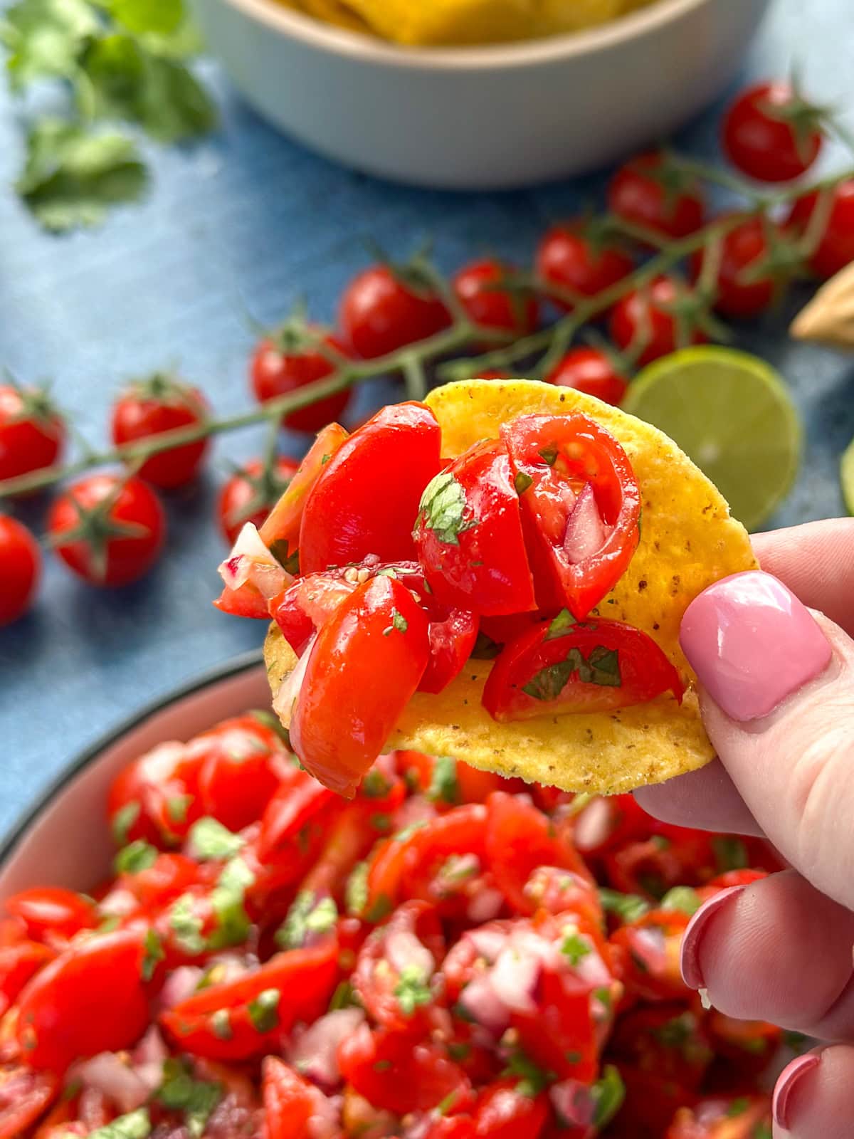 Hand holding a corn chip loaded with fresh chunky cherry tomatoe salsa and coriander