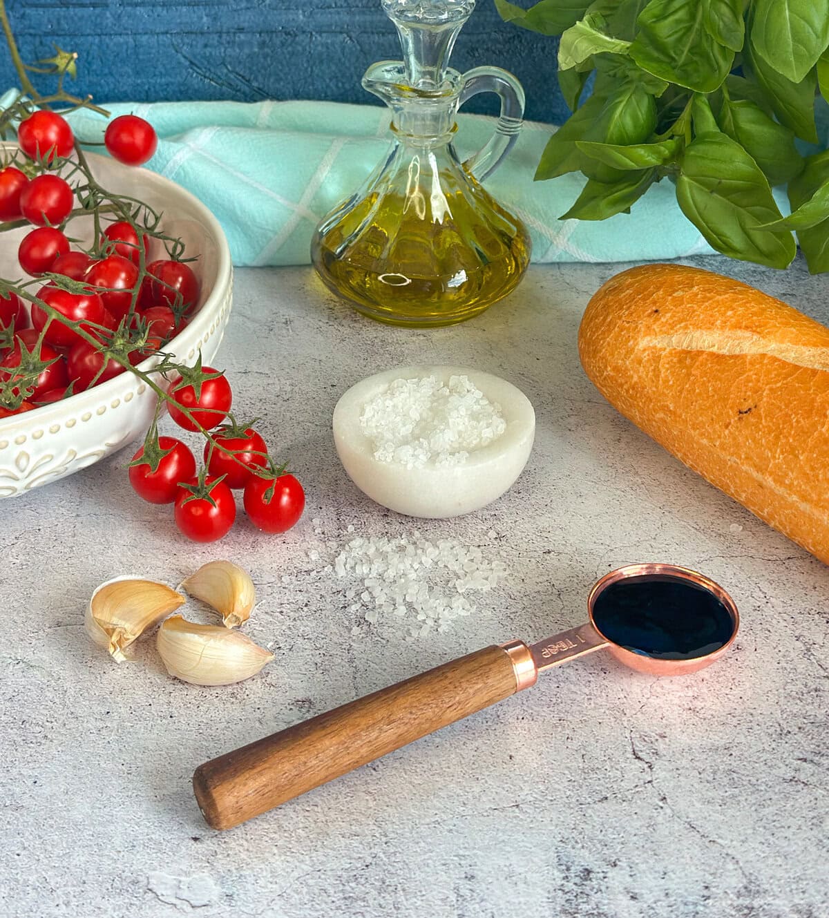 Ingredients required for roasted cherry tomatoe bruschetta 