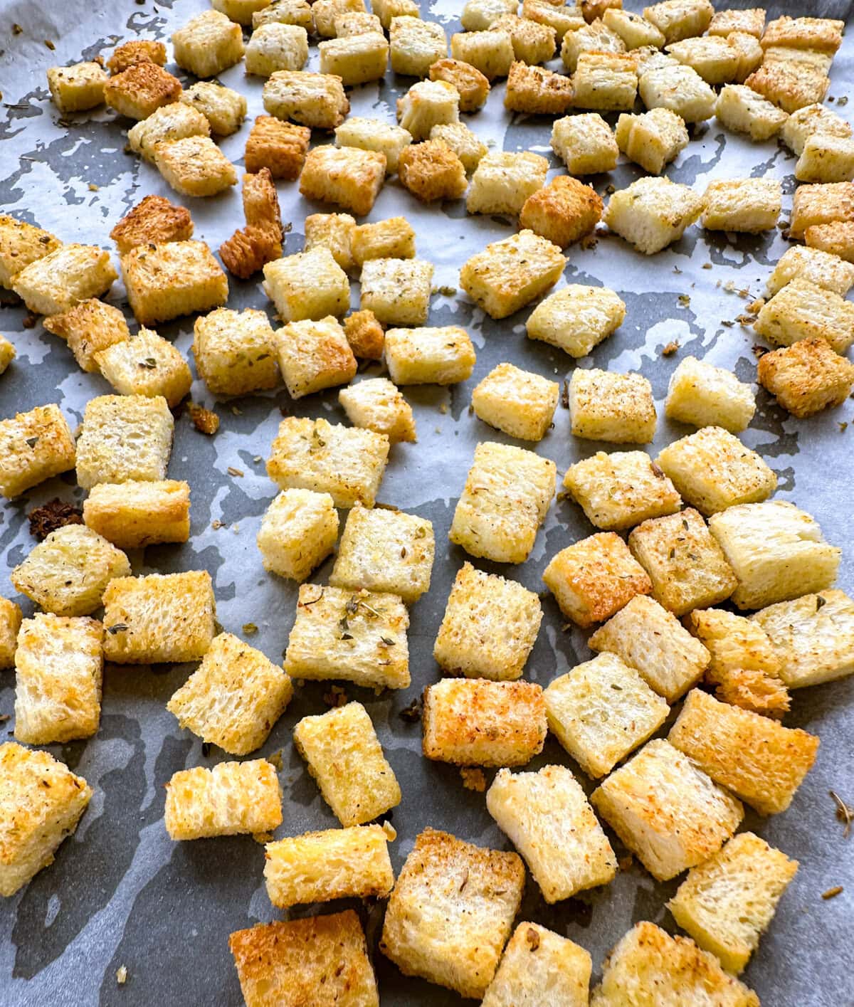 oven baked croutons, golden and crispy with herbs 