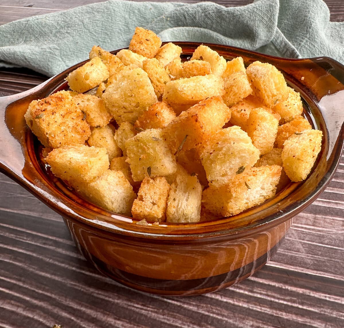 Bowl of golden crispy croutons 