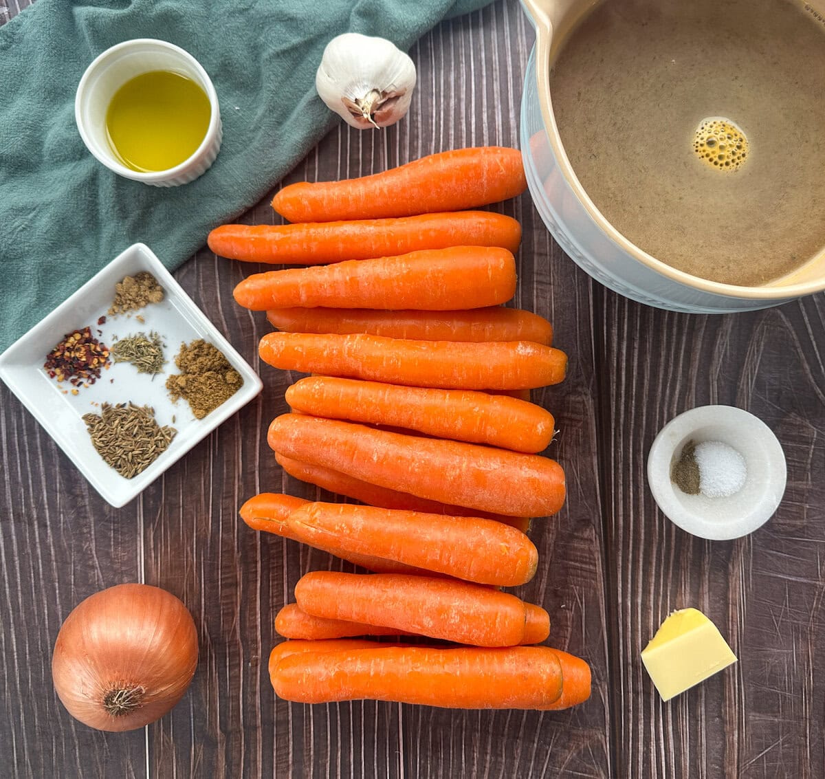 Ingredients used to make roasted carrot and cumin soup