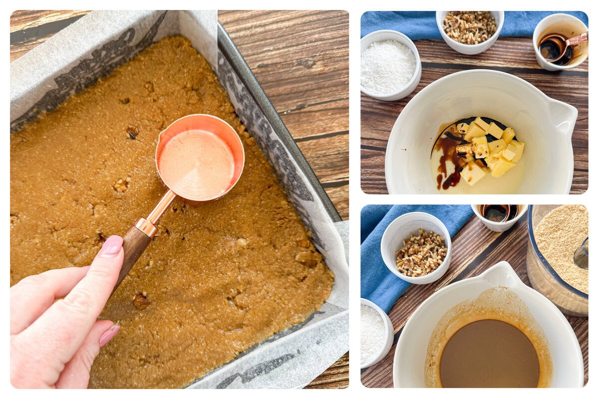 Images showing how to make the base of a no bake coffee and walnut fudge slice