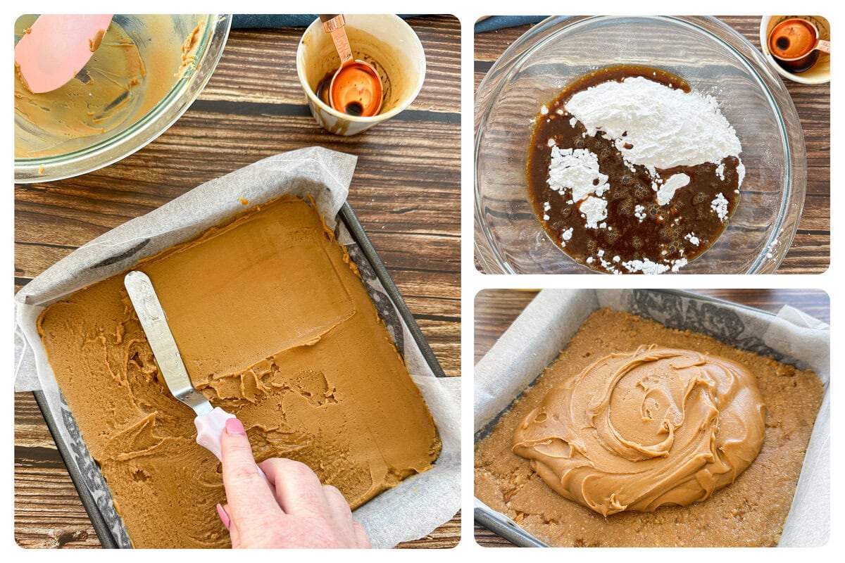 Images showing how to make the thick fudge topping for the coffee and walnut slice 