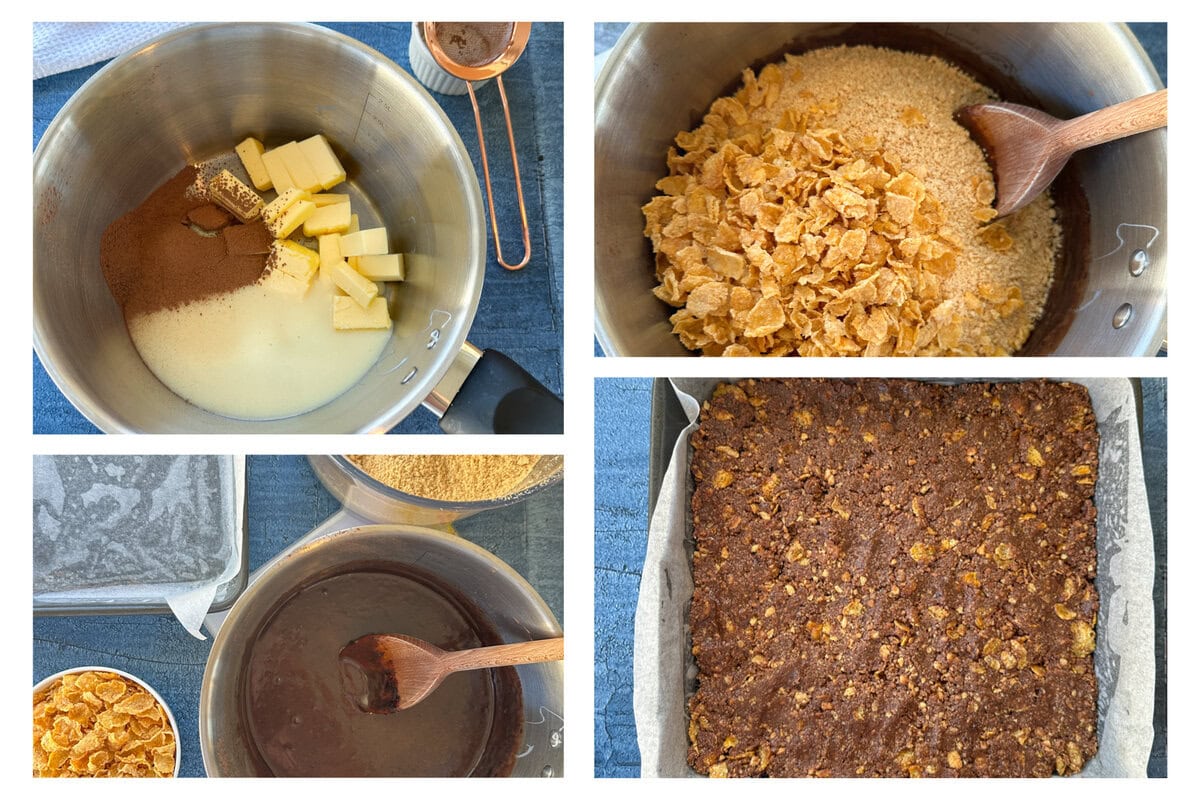Step by step images showing the process of making the base of the peppermint crunch slice 
