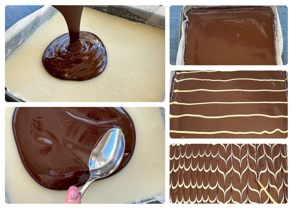 photos showing how to make the topping for the peppermint slice, using melted dark chocolate and white chocolate to create a feathered pattern