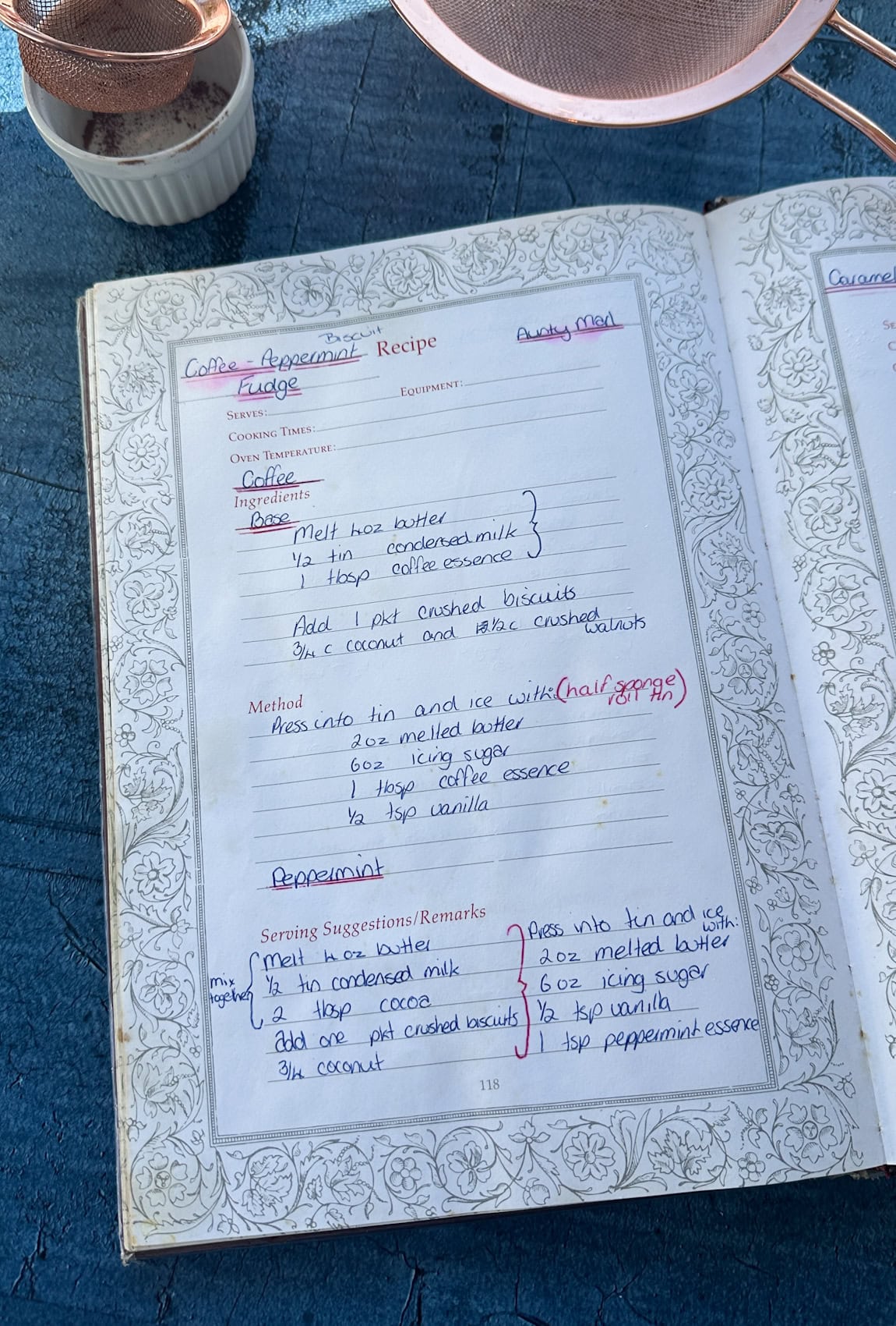 Handwritten recipe by a child showing coffee fudge slice and peppermint slice