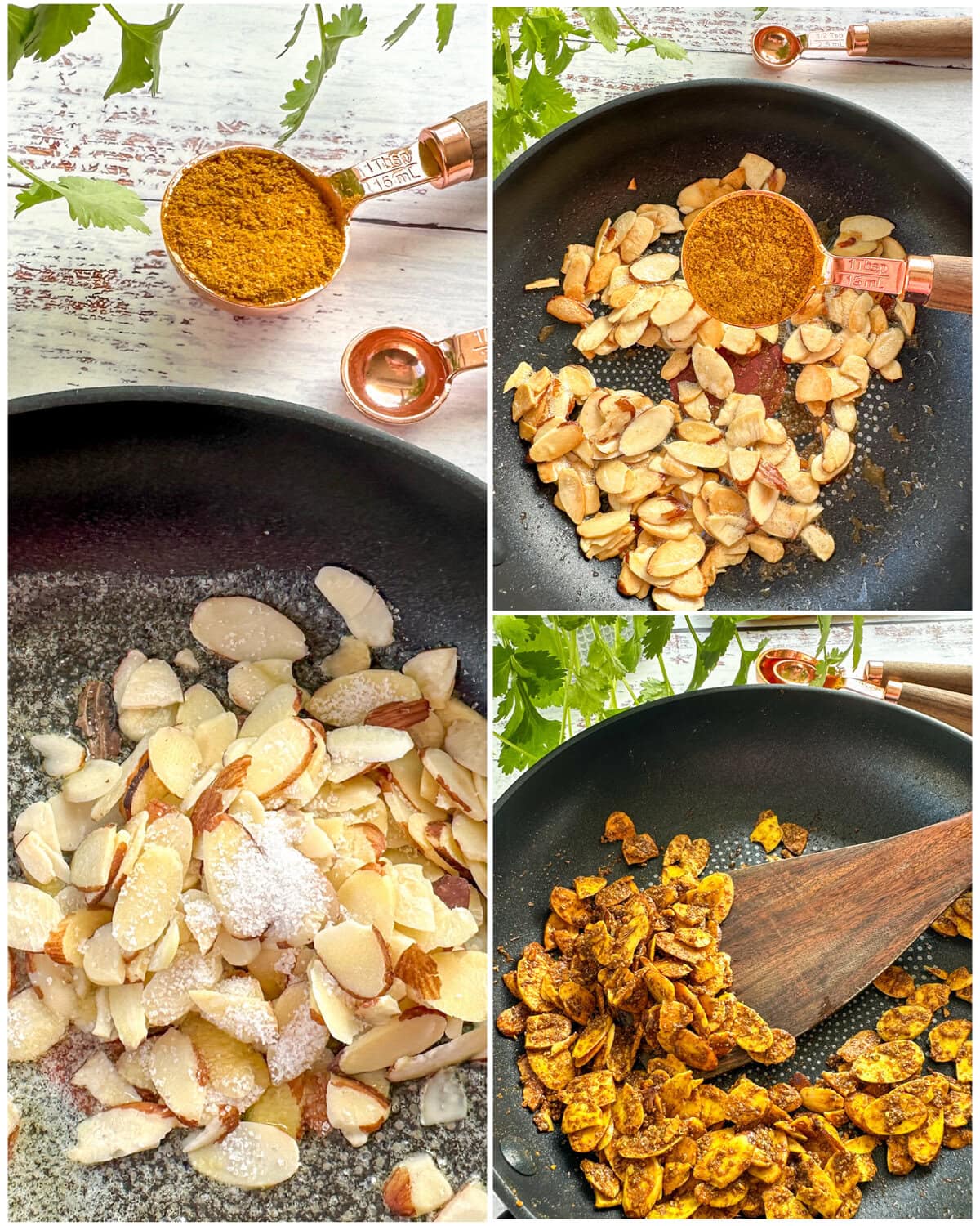 Step by step photos showing how to toast almonds in butter in a frying pan then toast curry powder until fragrant for coronation chicken