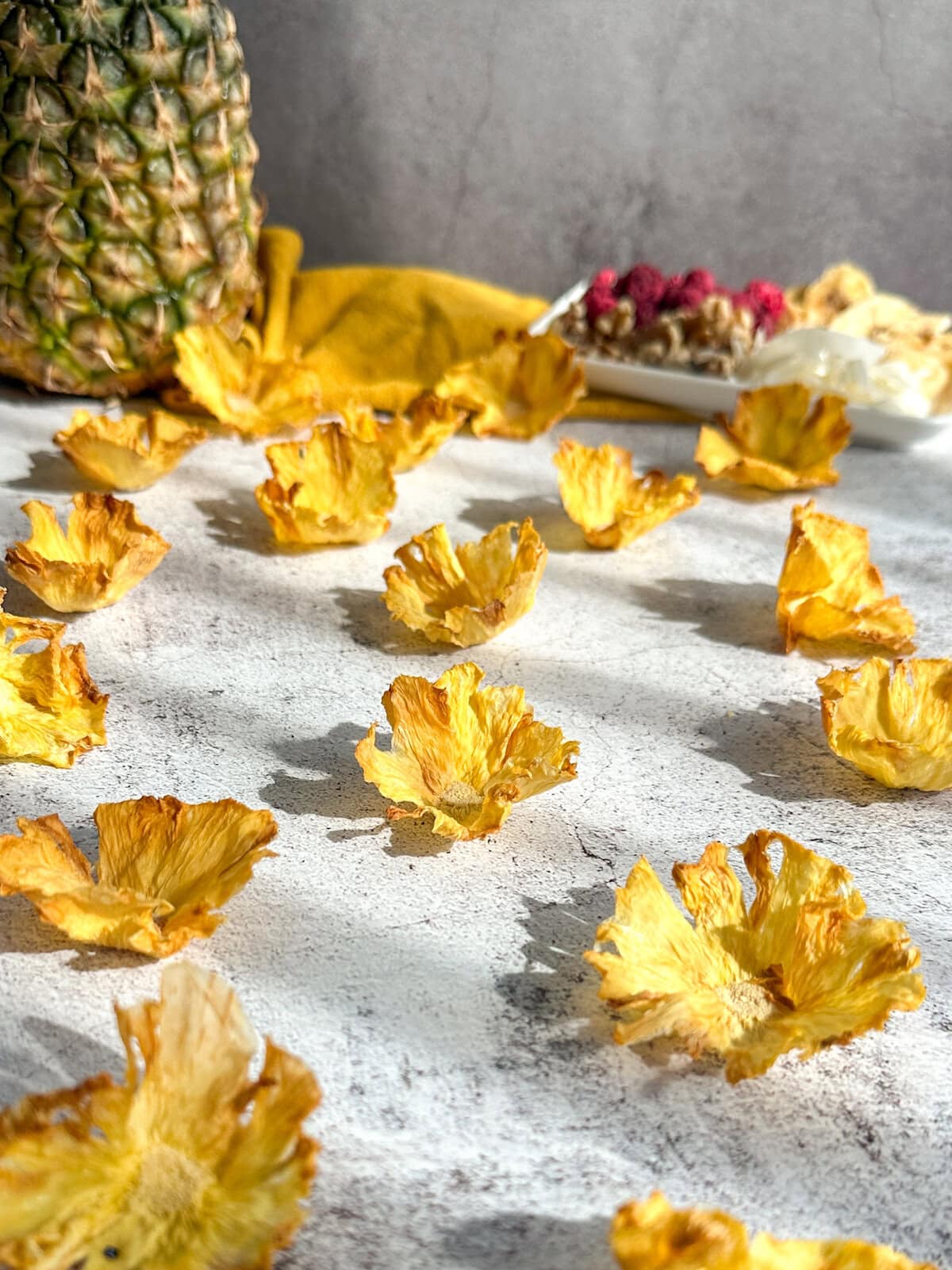 Dried pineapple flowers on a stone background 