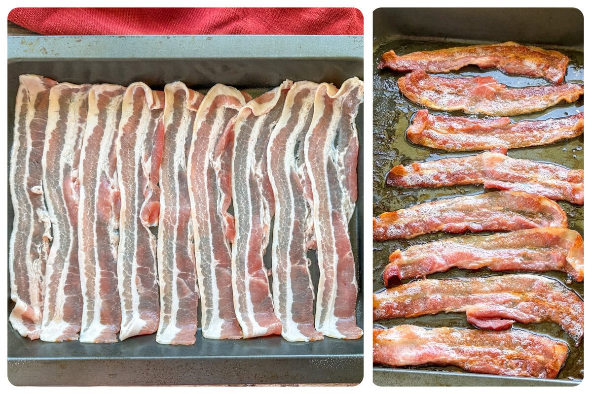 Raw bacon to cooked and crispy bacon rashers