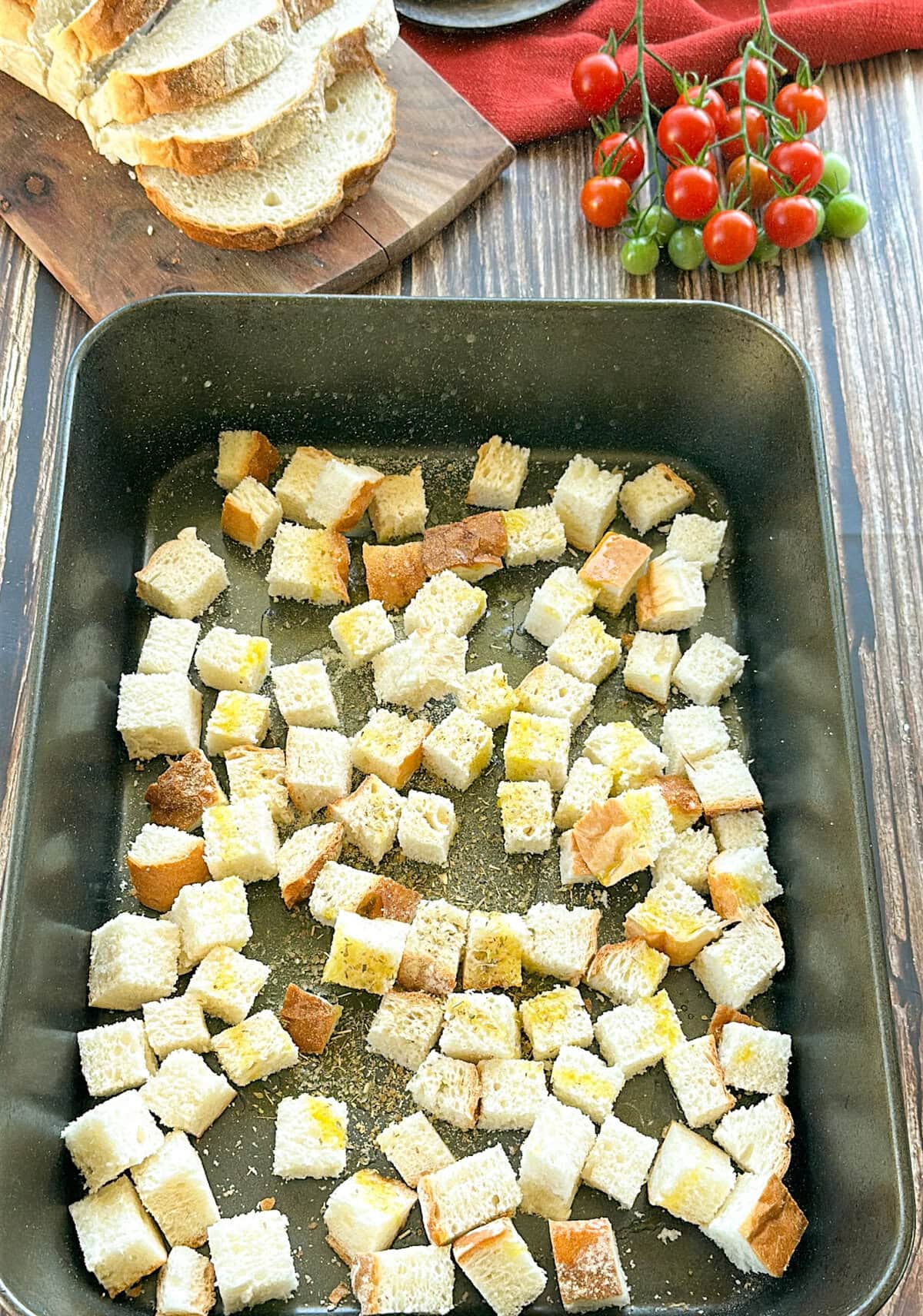 Croutons ready for roasting with olive oil and spices