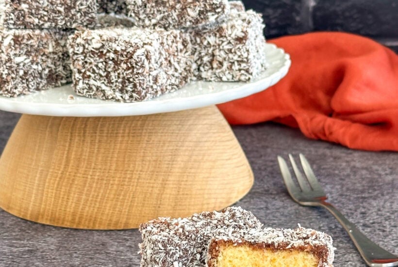 chocolate lamingtons made with chocolate syrup and homemade sponge