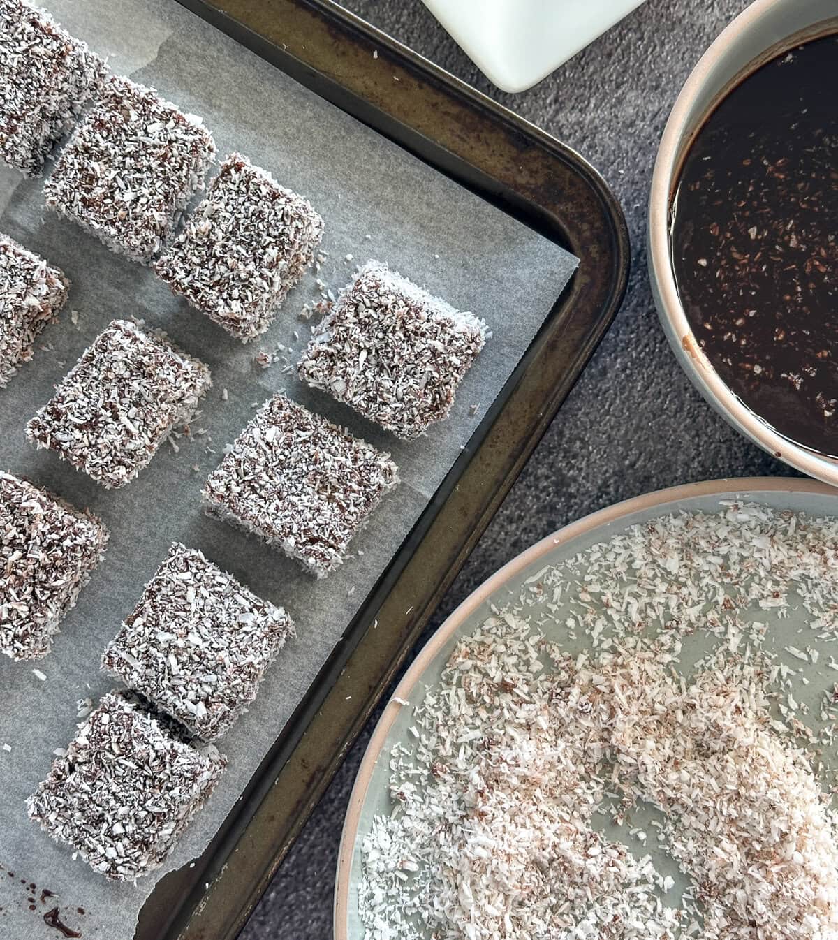 Freshly made chocolate Lamingtons