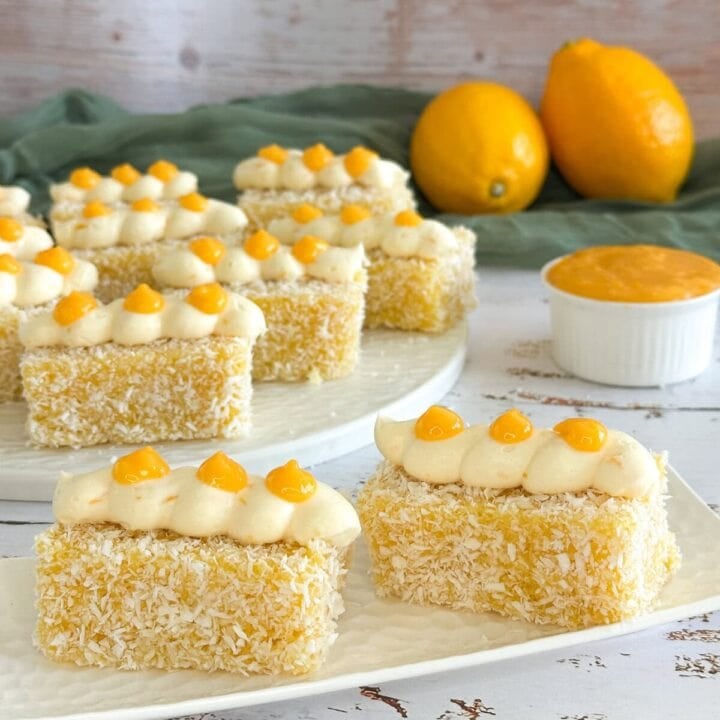 Lemon lamingtons with a cheesecake cream