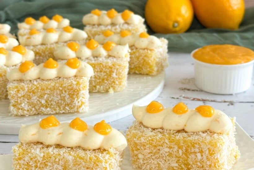 Lemon lamingtons with a cheesecake cream