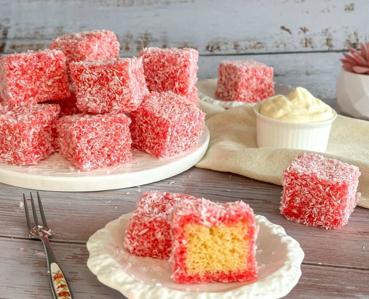 raspberry lamingtons made with homemade sponge